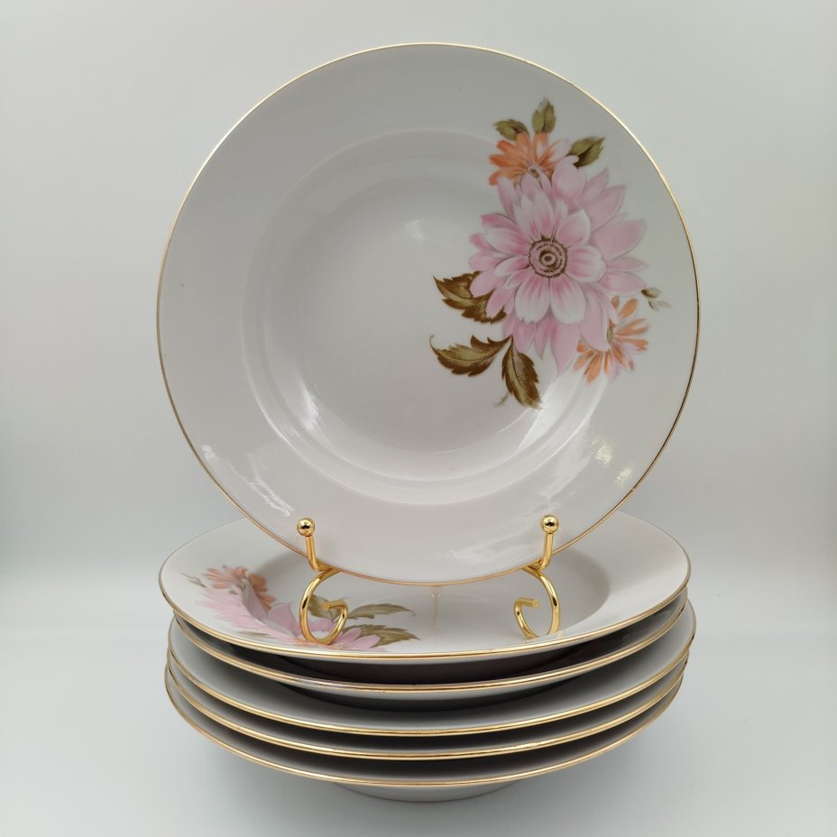 Набор суповых (глубоких) тарелок "Астры" на 6 персон, фарфор, деколь, золочение, Дулевский фарфоровый завод (Дулёво), СССР, 1968-1991 гг.