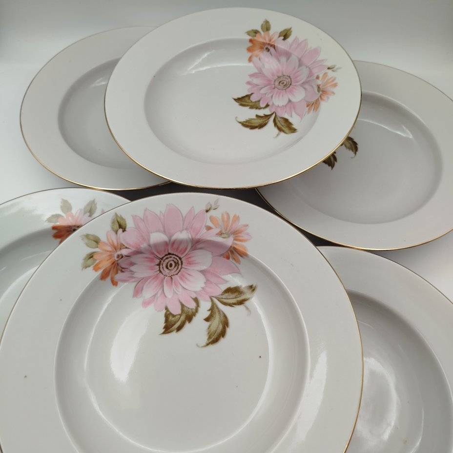Набор суповых (глубоких) тарелок "Астры" на 6 персон, фарфор, деколь, золочение, Дулевский фарфоровый завод (Дулёво), СССР, 1968-1991 гг.