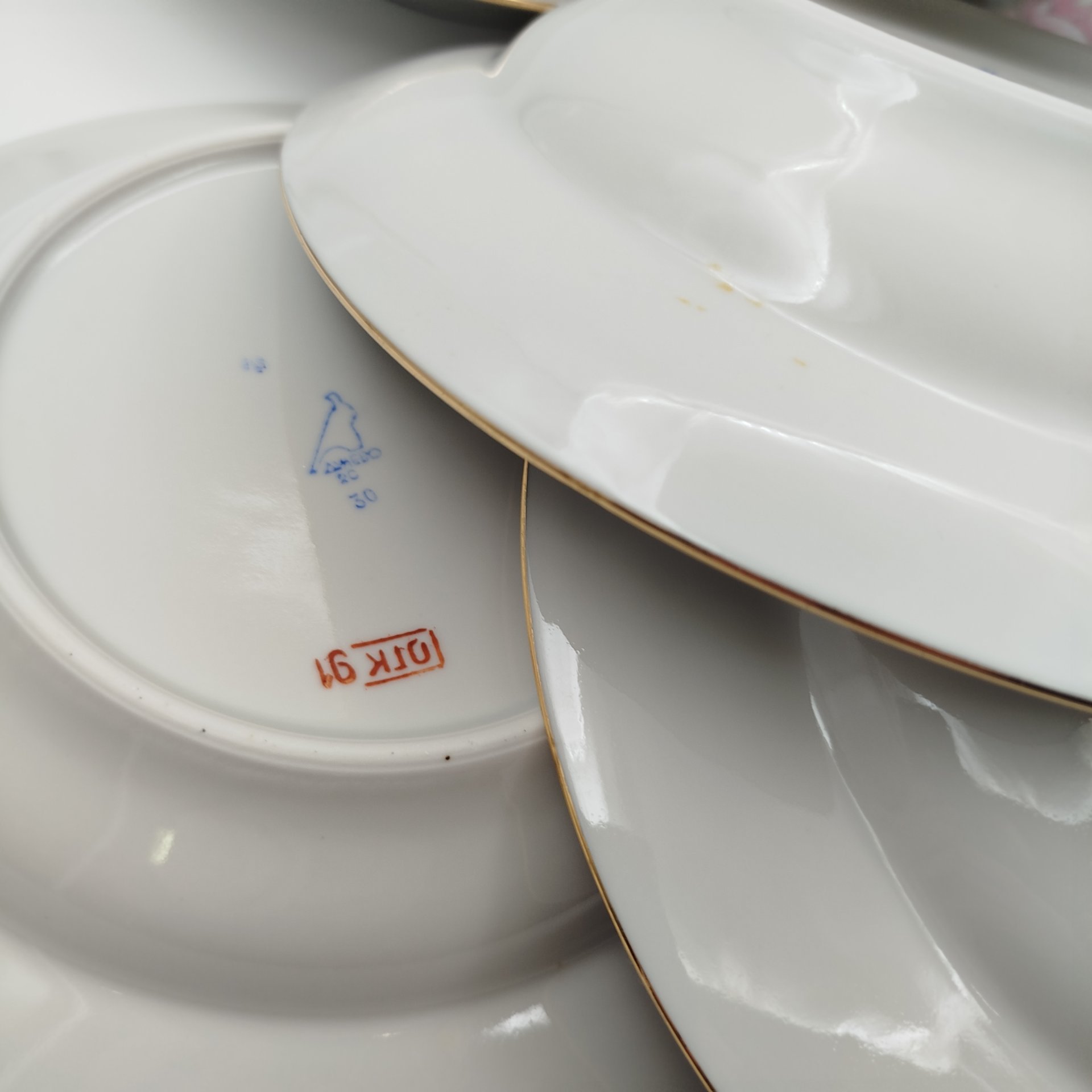 Набор суповых (глубоких) тарелок "Астры" на 6 персон, фарфор, деколь, золочение, Дулевский фарфоровый завод (Дулёво), СССР, 1968-1991 гг.