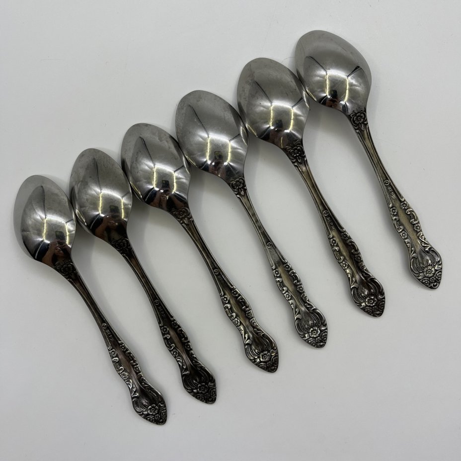 Набор из 6-ти чайных ложек, украшенных растительным декором, нержавеющая сталь, Павловский завод художественных металлоизделий им. С.М. Кирова