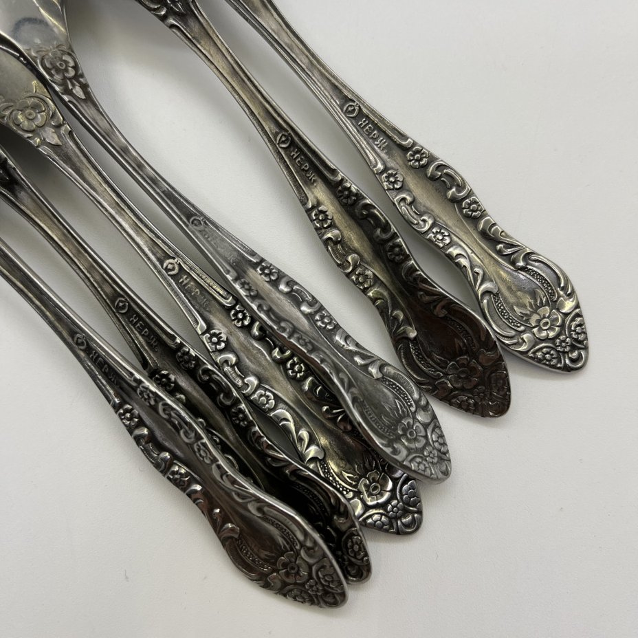 Набор из 6-ти чайных ложек, украшенных растительным декором, нержавеющая сталь, Павловский завод художественных металлоизделий им. С.М. Кирова