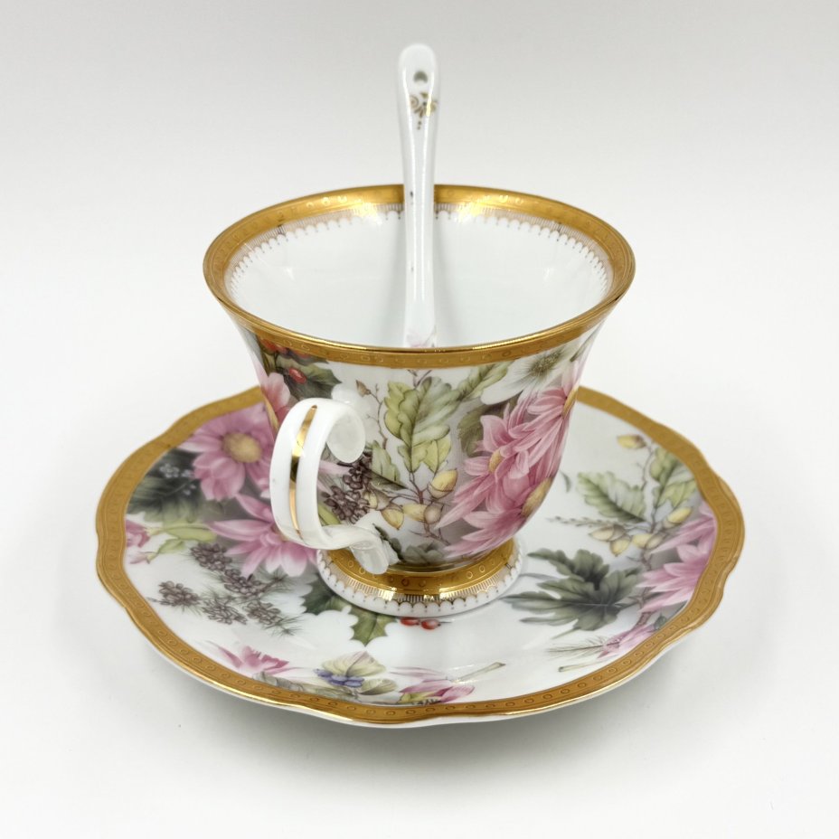 Чайная пара с ложечкой, фарфор, деколь, золочение, Elan Gallery, Elan Gallery