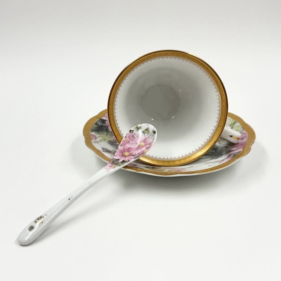 Чайная пара с ложечкой, фарфор, деколь, золочение, Elan Gallery, Elan Gallery