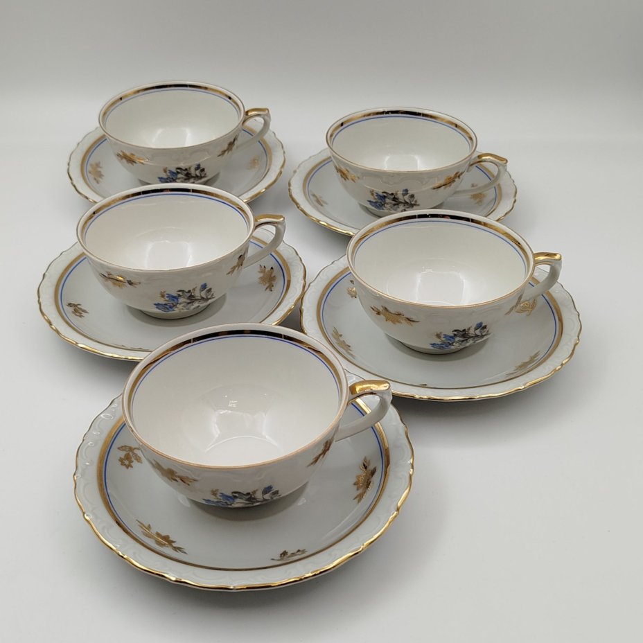 Сервиз чайный с декором в виде синих цветов на 5 персон (14 предметов), фарфор, деколь, золочение, Kahla, Германия, 1937-1952 гг.