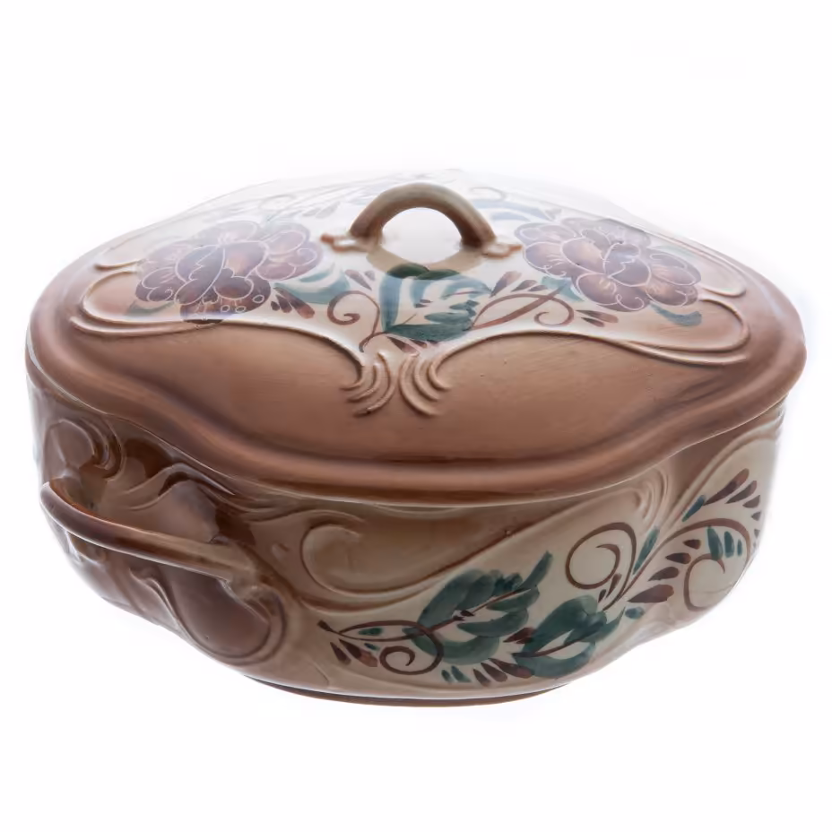 Супница с цветочным декором, фаянс, роспись, рельефный декор, СССР, 1980-1990 гг.