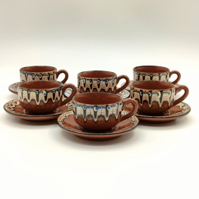 Набор из 6-ти кофейных пар с абстрактным декором, керамика, цветные поливы, Болгария, 1960-1980 гг.