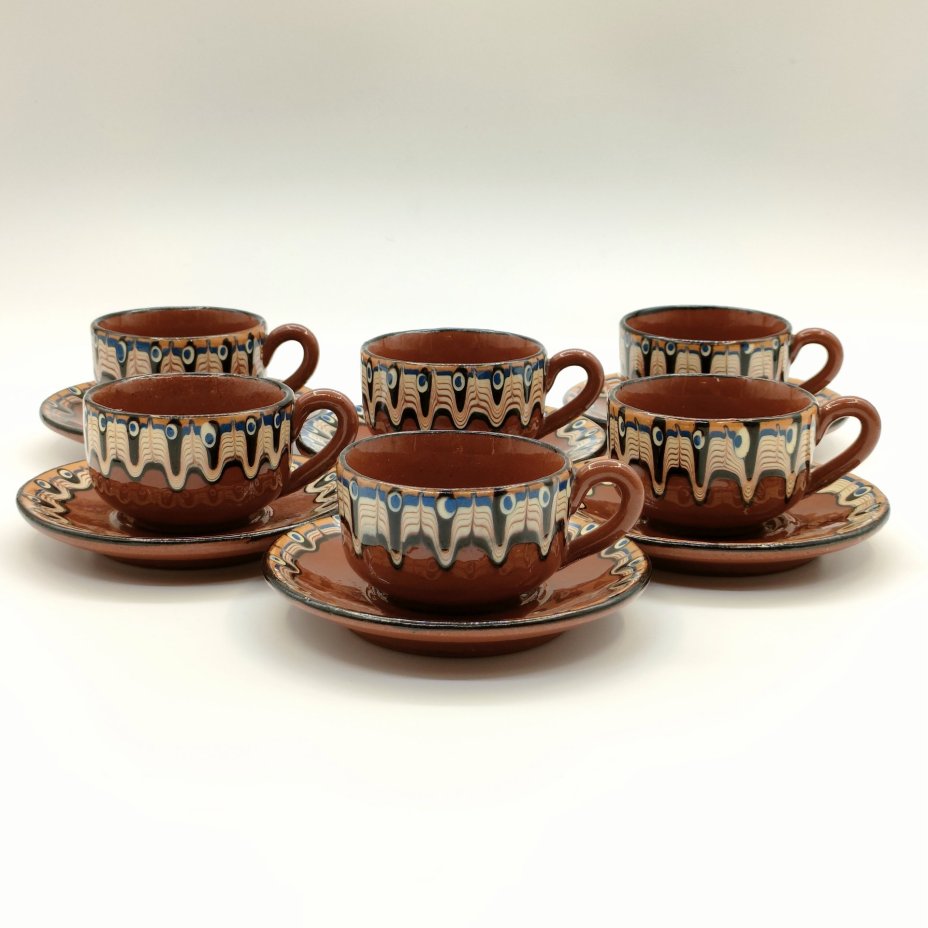 Набор из 6-ти кофейных пар с абстрактным декором, керамика, цветные поливы, Болгария, 1960-1980 гг.