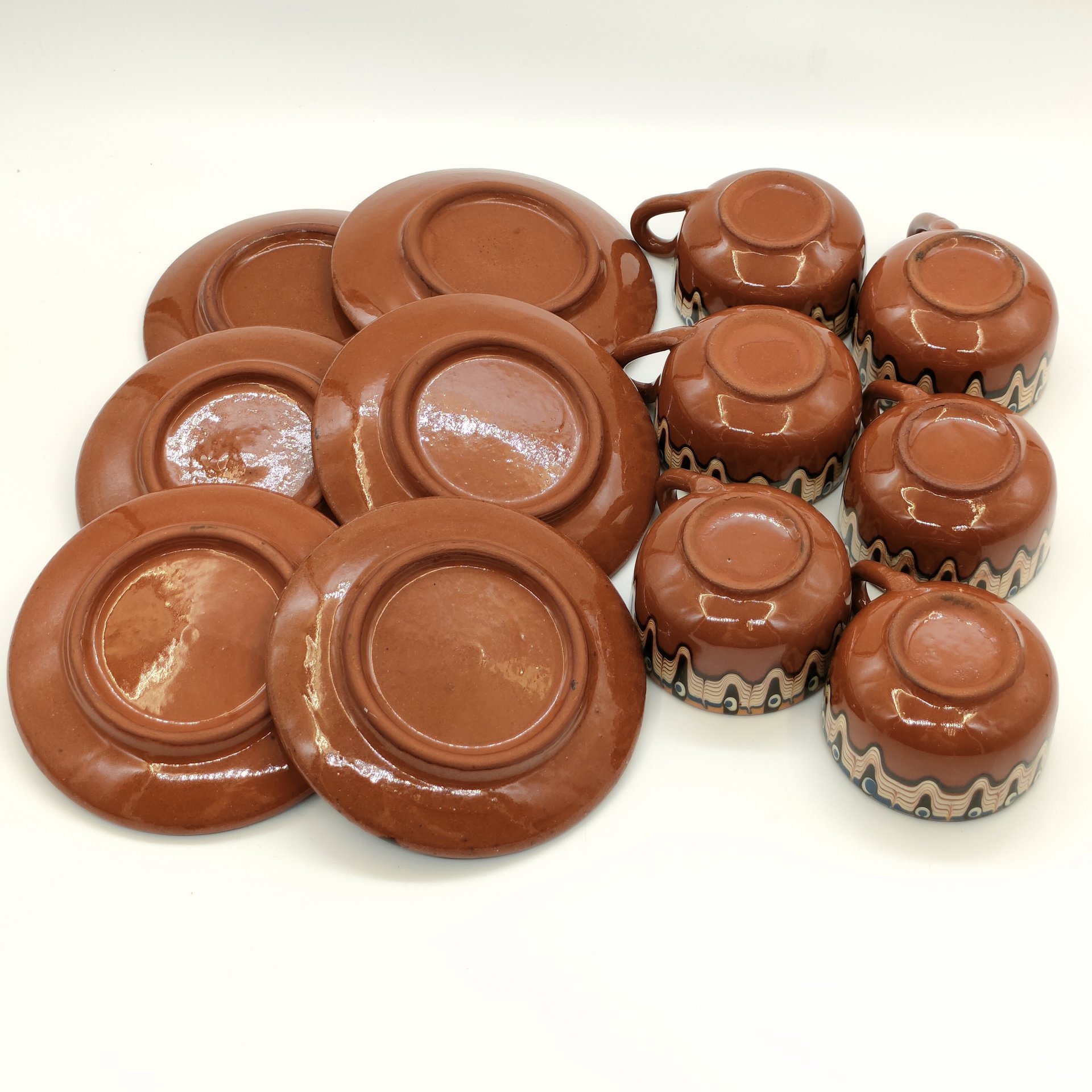 Набор из 6-ти кофейных пар с абстрактным декором, керамика, цветные поливы, Болгария, 1960-1980 гг.