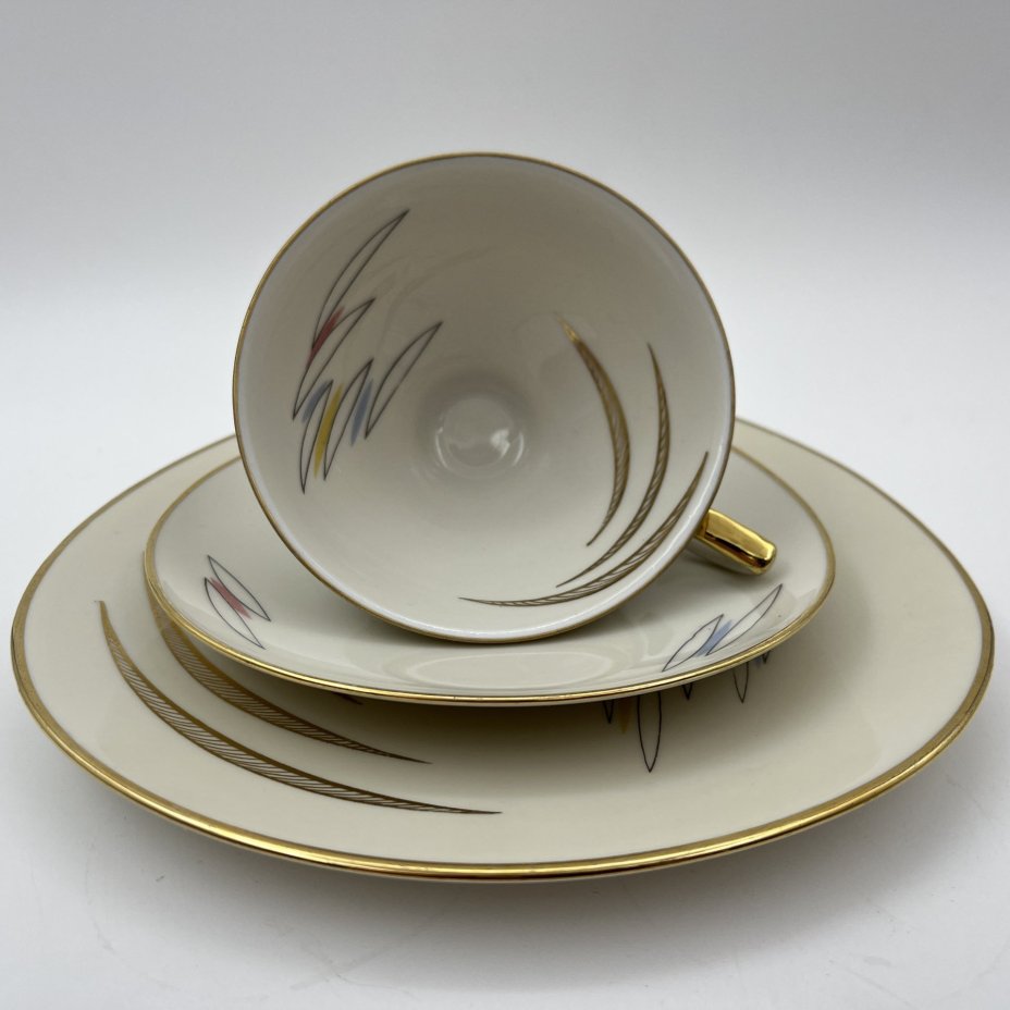 Трио чайное с минималистичным растительным декором, фарфор, деколь, золочение, Gebrüder Winterling, Германия, 1945-1960 гг.