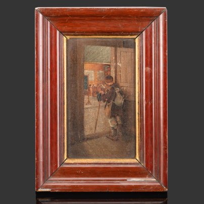 Картина "У дверей школы", оформленная в раму (копия одноименной работы Н.П. Богданова-Бельского, 1897 г., Государственный Русский музей), холст, картон, масло, дерево, Российская империя, 1900-1915 гг.