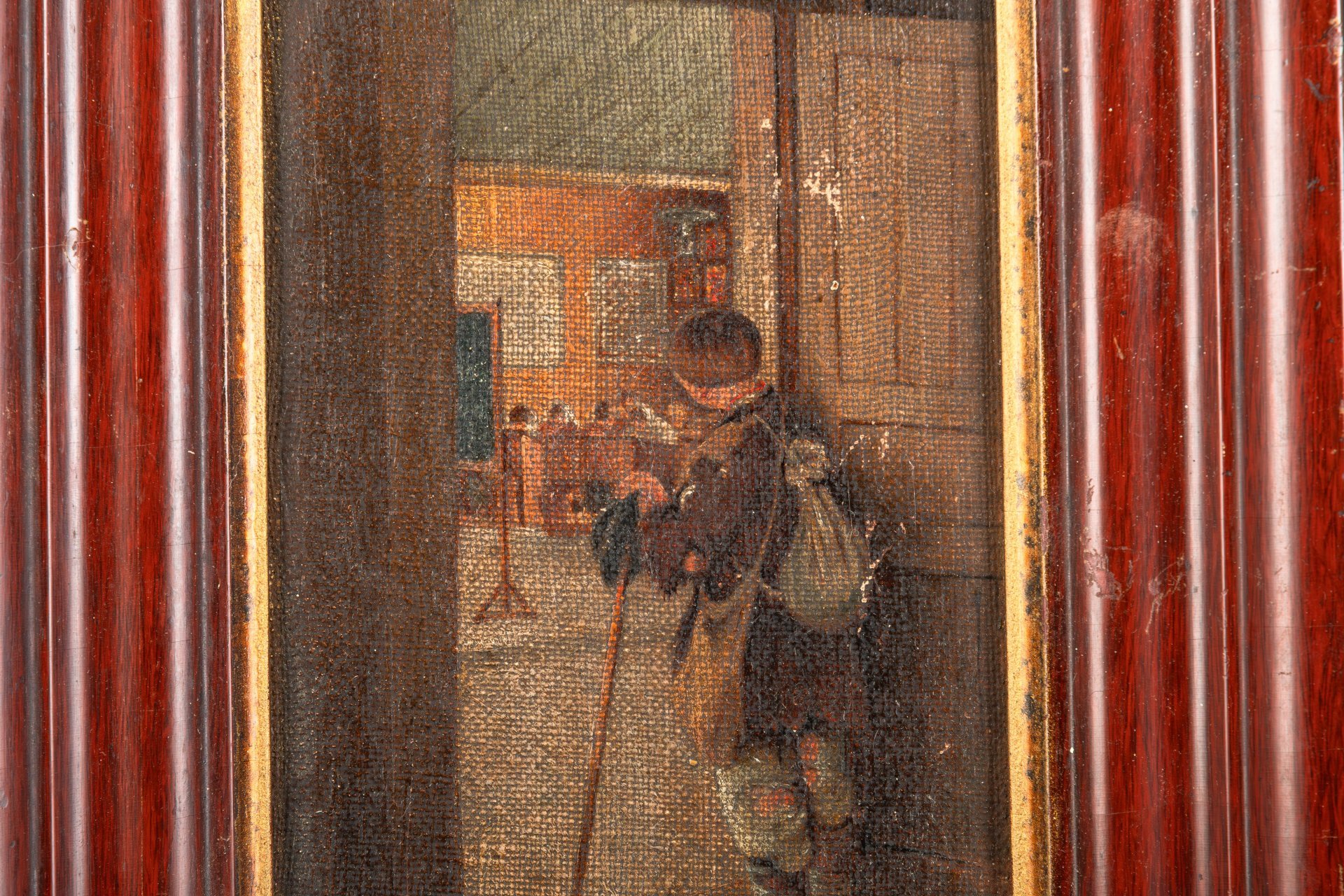 Картина "У дверей школы", оформленная в раму (копия одноименной работы Н.П. Богданова-Бельского, 1897 г., Государственный Русский музей), холст, картон, масло, дерево, Российская империя, 1900-1915 гг.