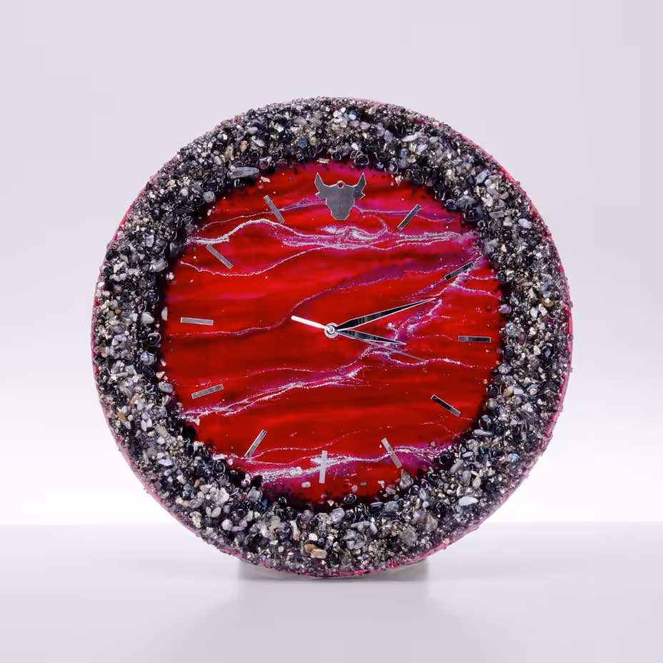 Часы настенные "Испанская фантазия", авторская ручная работа в технике Resin Art, Глянцевое 3D покрытие, натуральный камень, Россия, 2021 г.