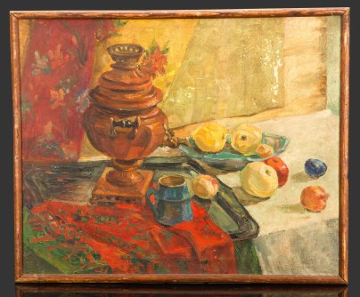 Картина "Натюрморт с самоваром, кружкой и фруктами", оформленная в раму, художник Ю. Зарипов (?), ученик 2 курса вечернего отделения Ленинградского Художественного училища им. В.А. Серова, преподаватель - Чеснокова А.С., холст, масло, дерево, СССР, 1961 г.