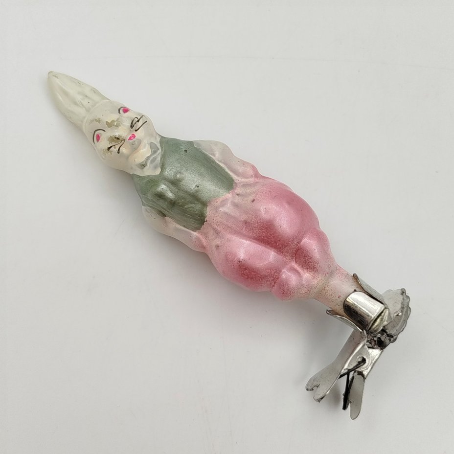 Игрушка ёлочная (винтаж)  "Заяц" из набора "Доктор Айболит", стекло, металл, роспись, Завод стеклянных ёлочных украшений и оптических изделий, г. Москва, СССР, 1950-1960 гг.