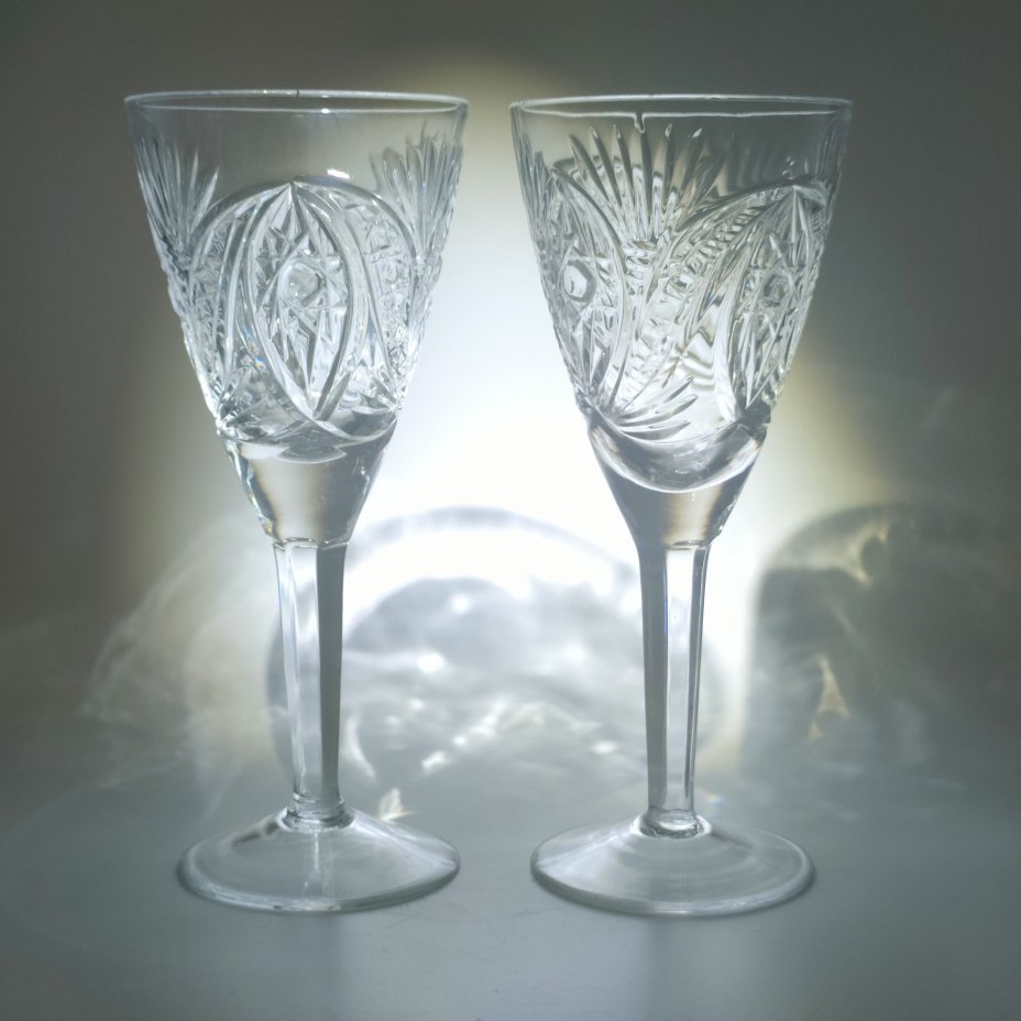 Пара бокалов с резным декором, хрусталь, алмазная грань, СССР, 1970-1990 гг.