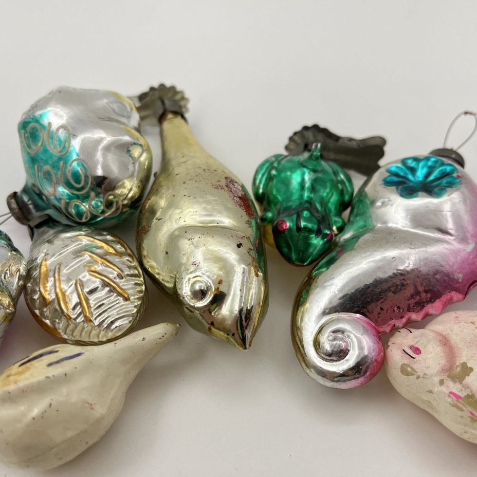 Набор винтажных елочных игрушек "Животные, птицы, рыбы и жуки"  (8 шт.)