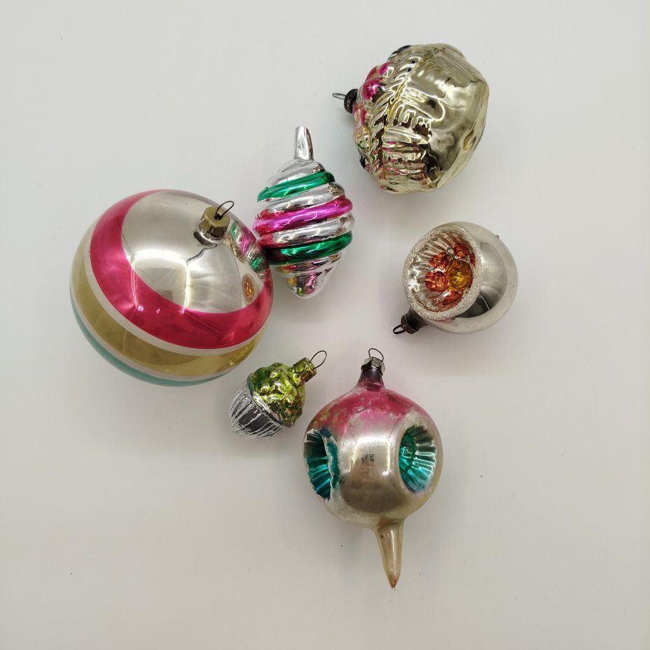 Набор из шести ёлочных игрушек, стекло, металл, СССР, 1960-1980 гг.