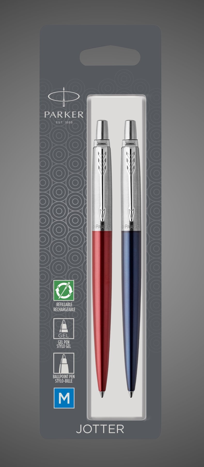 Набор из 2х ручек : Parker "Jotter London" Parker Jotter Essential, Kensington Red CT и Jotter Essential, Royal Blue CT, стержень: M, Лаки и смолы: лак, нержавеющая сталь