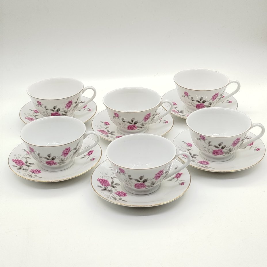 Набор из 6-ти чайных пар с изображением роз, фарфор, деколь, золочение, Китай, 1960-1980 гг.