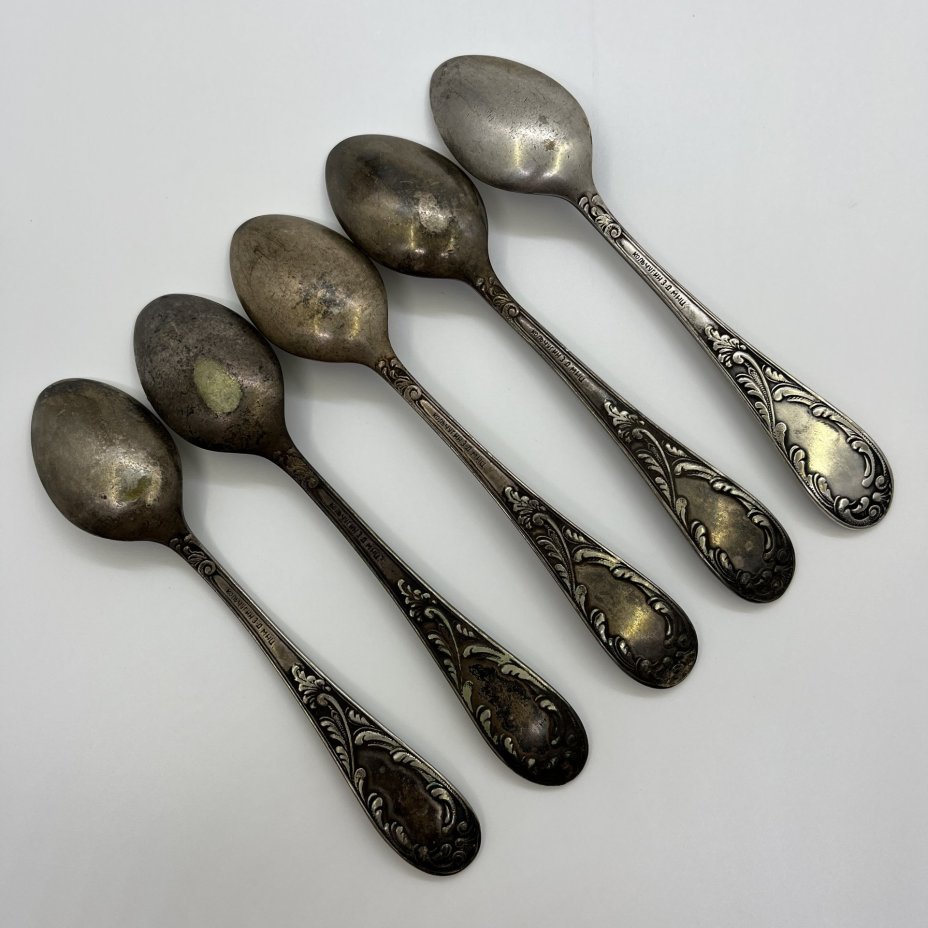 Набор из 5-ти чайных ложек с растительным декором, мНЦ (медь-никель-цинк), Кольчугинский завод цветных металлов, СССР, 1950-1960 гг.