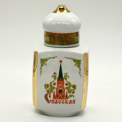 Емкость для хранения чая (чайница) "Спасская башня", фарфор, деколь, золочение, Дмитровский фарфоровый завод (ДФЗ Вербилки), СССР, 1965-1991 гг., Дмитровский фарфоровый завод (ДФЗ Вербилки)