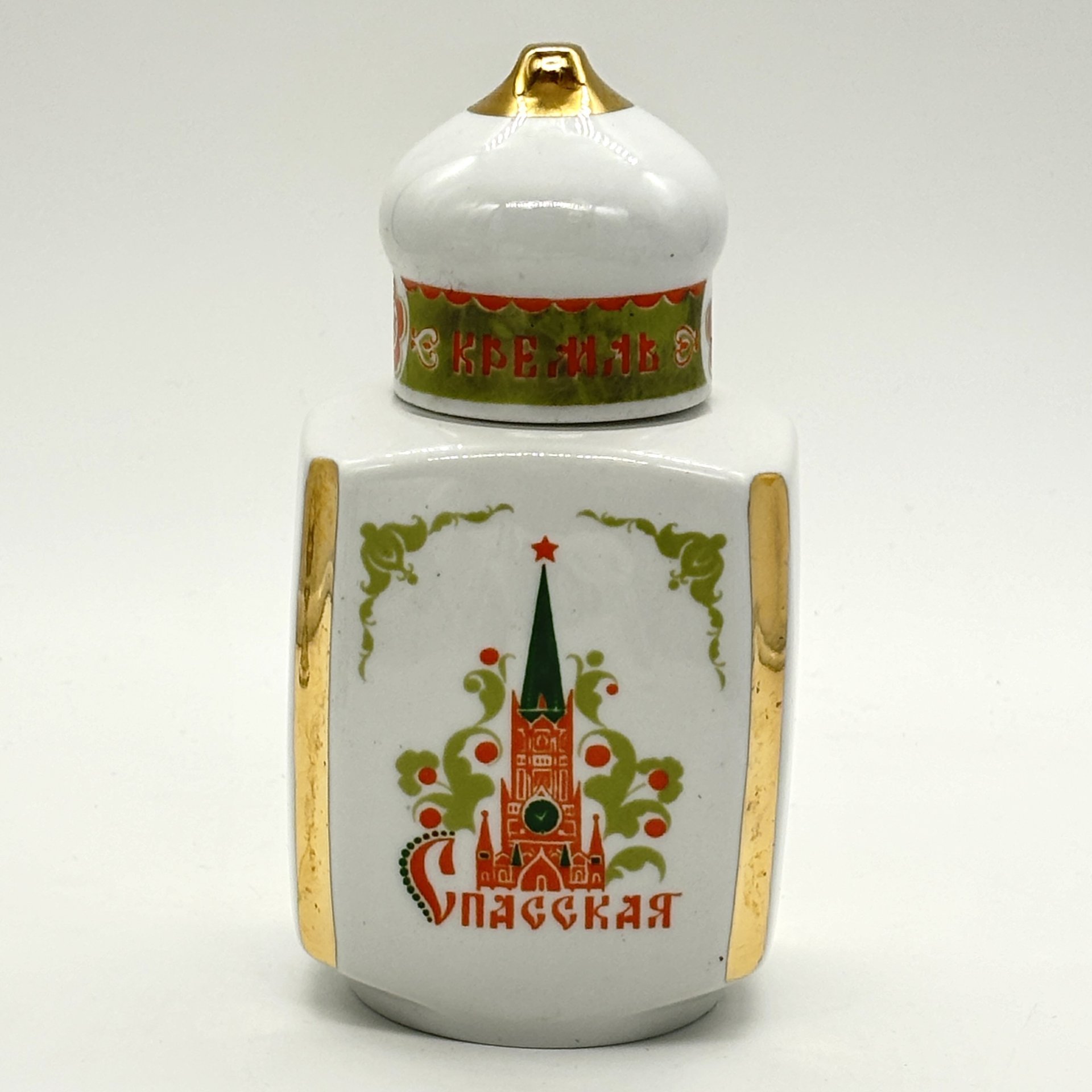 Емкость для хранения чая (чайница) "Спасская башня", фарфор, деколь, золочение, Дмитровский фарфоровый завод (ДФЗ Вербилки), СССР, 1965-1991 гг., Дмитровский фарфоровый завод (ДФЗ Вербилки)