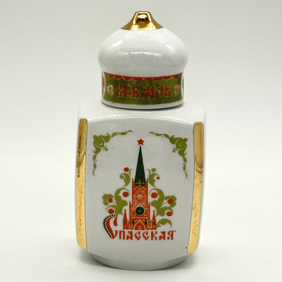 Емкость для хранения чая (чайница) "Спасская башня", фарфор, деколь, золочение, Дмитровский фарфоровый завод (ДФЗ Вербилки), СССР, 1965-1991 гг., Дмитровский фарфоровый завод (ДФЗ Вербилки)