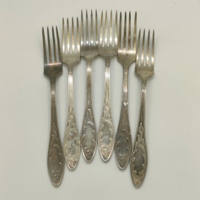 Набор столовых вилок "Пламя" на 6 персон (в подборе), мНЦ (медь-никель-цинк), Кольчугинский завод цветных металлов, СССР, 1960-1990 гг.