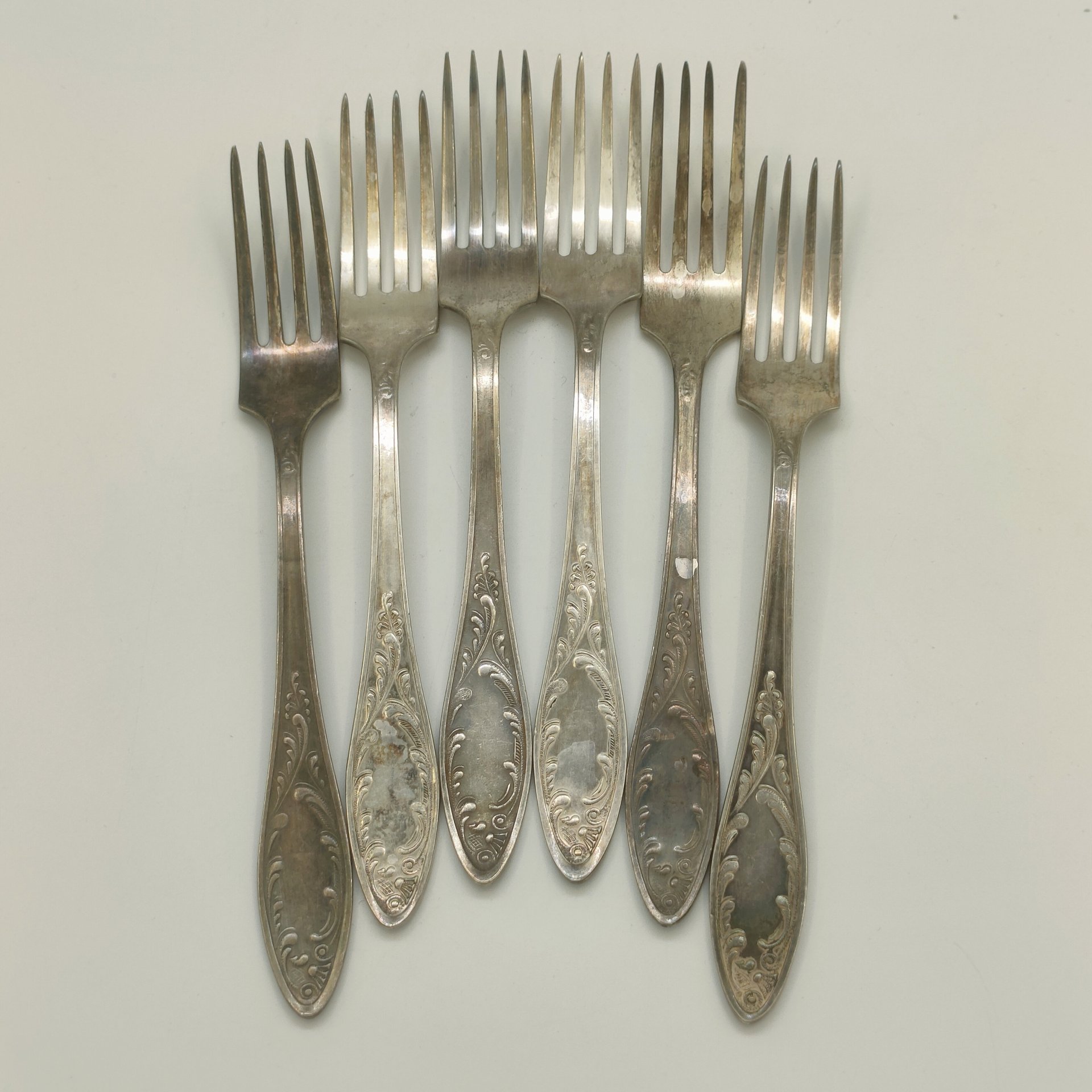 Набор столовых вилок "Пламя" на 6 персон (в подборе), мНЦ (медь-никель-цинк), Кольчугинский завод цветных металлов, СССР, 1960-1990 гг.