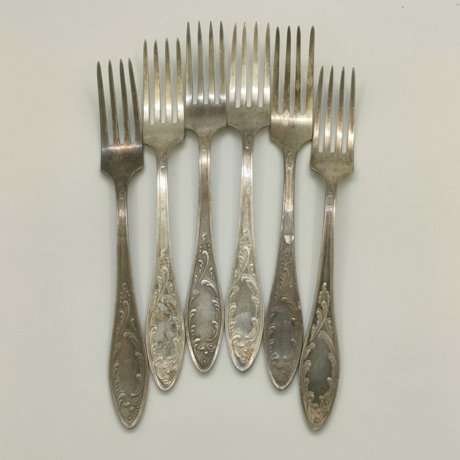 Набор столовых вилок "Пламя" на 6 персон (в подборе), мНЦ (медь-никель-цинк), Кольчугинский завод цветных металлов, СССР, 1960-1990 гг.