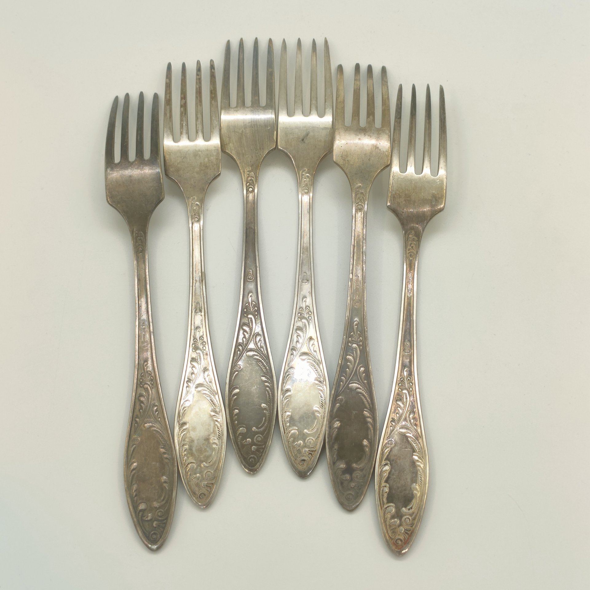Набор столовых вилок "Пламя" на 6 персон (в подборе), мНЦ (медь-никель-цинк), Кольчугинский завод цветных металлов, СССР, 1960-1990 гг.