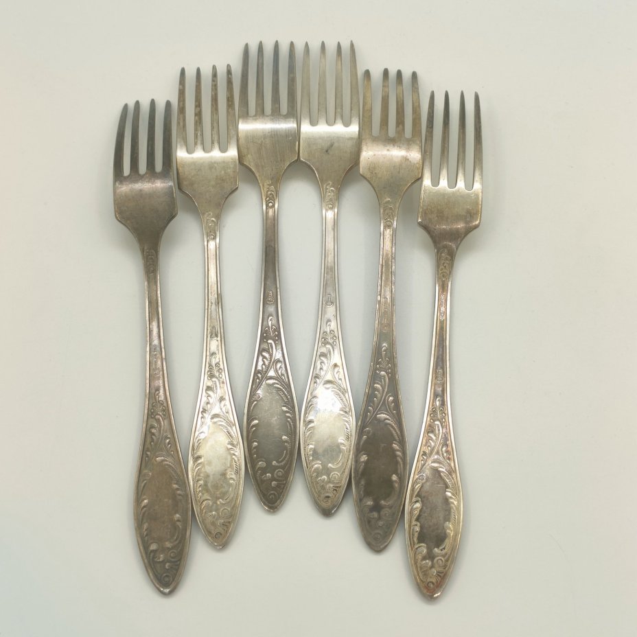Набор столовых вилок "Пламя" на 6 персон (в подборе), мНЦ (медь-никель-цинк), Кольчугинский завод цветных металлов, СССР, 1960-1990 гг.