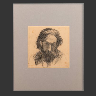 Мужской портрет (эскиз), оформленный в паспарту и застеклённую раму, художник Серов Валентин Александрович (согласно подписи на обороте), бумага, карандаш, Российская империя, 1880-1910 гг.