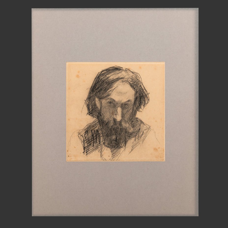 Мужской портрет (эскиз), оформленный в паспарту и застеклённую раму, художник Серов Валентин Александрович (согласно подписи на обороте), бумага, карандаш, Российская империя, 1880-1910 гг.