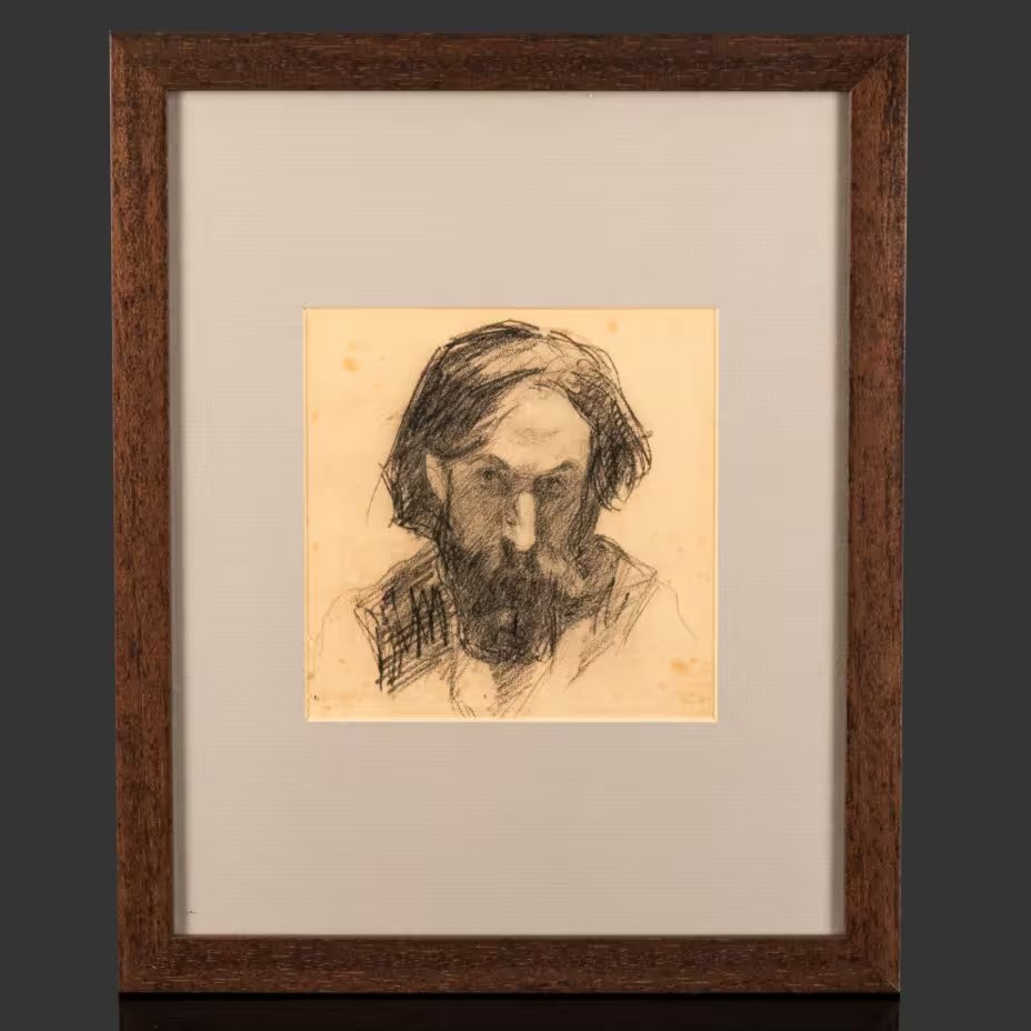 Мужской портрет (эскиз), оформленный в паспарту и застеклённую раму, художник Серов Валентин Александрович (согласно подписи на обороте)