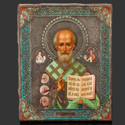 Икона «Святой Николай Чудотворец», дерево, хромолитография по жести, ткань, Российская империя, 1890-1915 гг.
