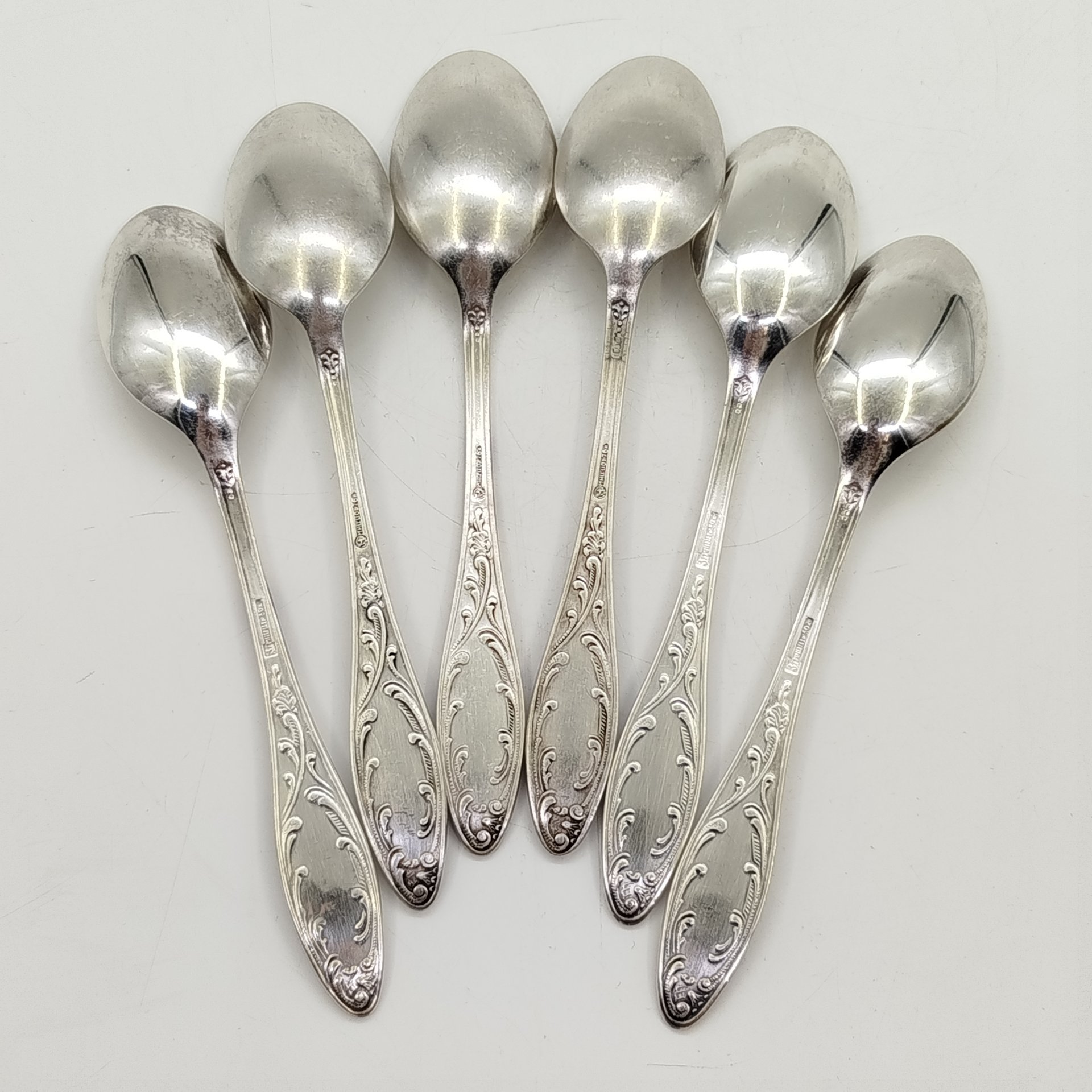 Набор из шести чайных ложек "Пламя", мНЦ (медь-никель-цинк), Кольчугинский завод цветных металлов, СССР, 1960-1990 гг.