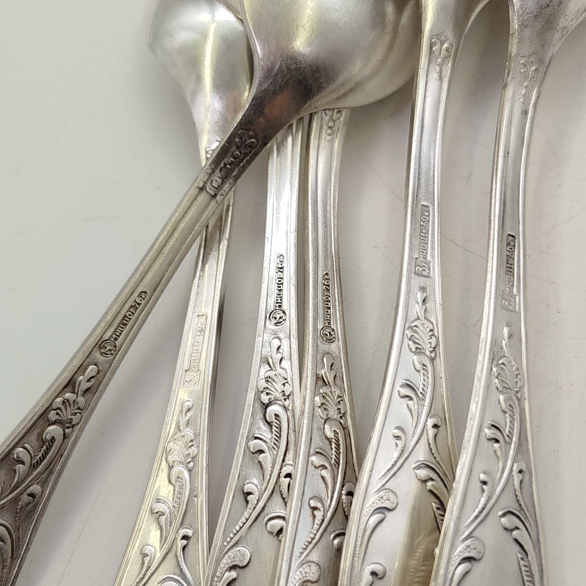 Набор из шести чайных ложек "Пламя", мНЦ (медь-никель-цинк), Кольчугинский завод цветных металлов, СССР, 1960-1990 гг.