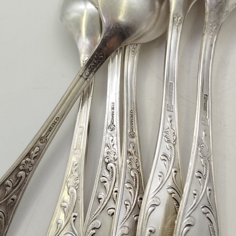 Набор из шести чайных ложек "Пламя", мНЦ (медь-никель-цинк), Кольчугинский завод цветных металлов, СССР, 1960-1990 гг.