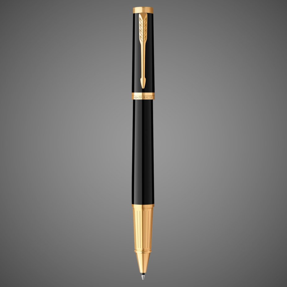 Ручка-роллер Parker "Ingenuity Black GT" стержень: F, цвет чернил: black, в подарочной упаковке., Покрытия: PVD-покрытие, лак, легированная сталь, позолота