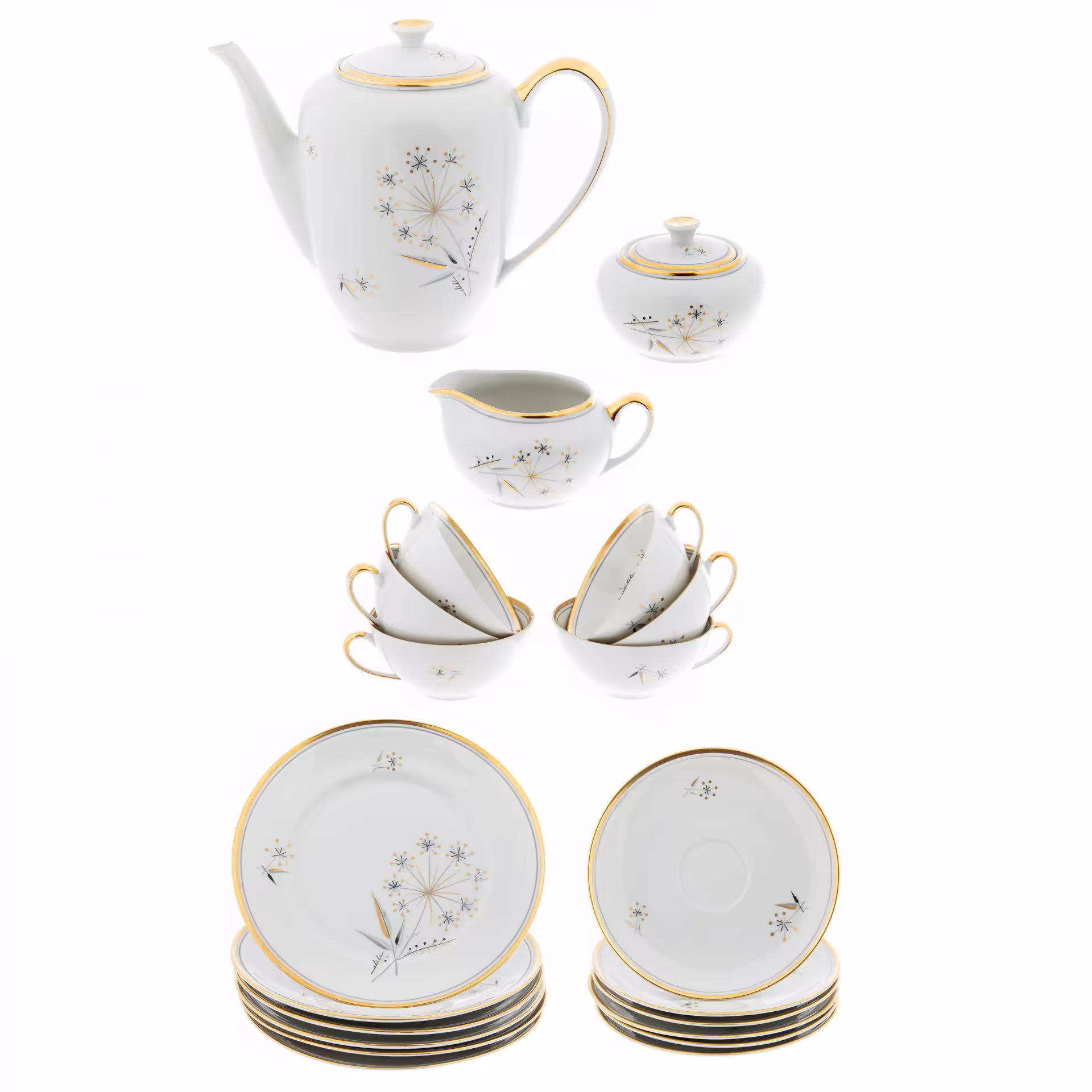Сервиз чайный на 6 персон (21 предмет), фарфор, деколь, золочение, "Weisswasser porcelain works", Германия, 1957-1990 гг. — фото 1