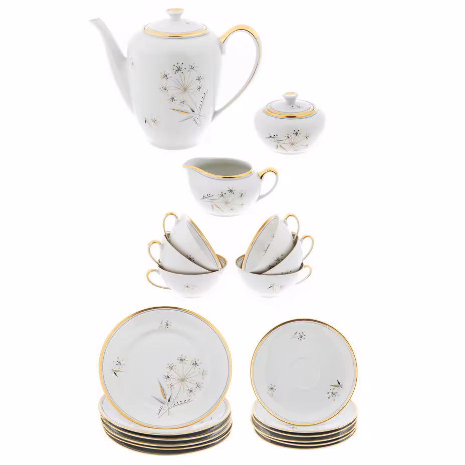 Сервиз чайный на 6 персон (21 предмет), фарфор, деколь, золочение, "Weisswasser porcelain works", Германия, 1957-1990 гг.