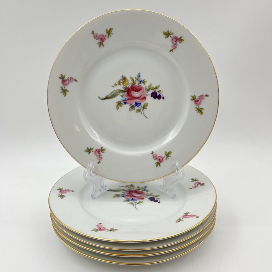 Набор из пяти пирожковых тарелок с цветочным декором, фарфор, деколь, золочение, Bohemia (Neurohlau), Чехословакия, 1970-1990 гг.