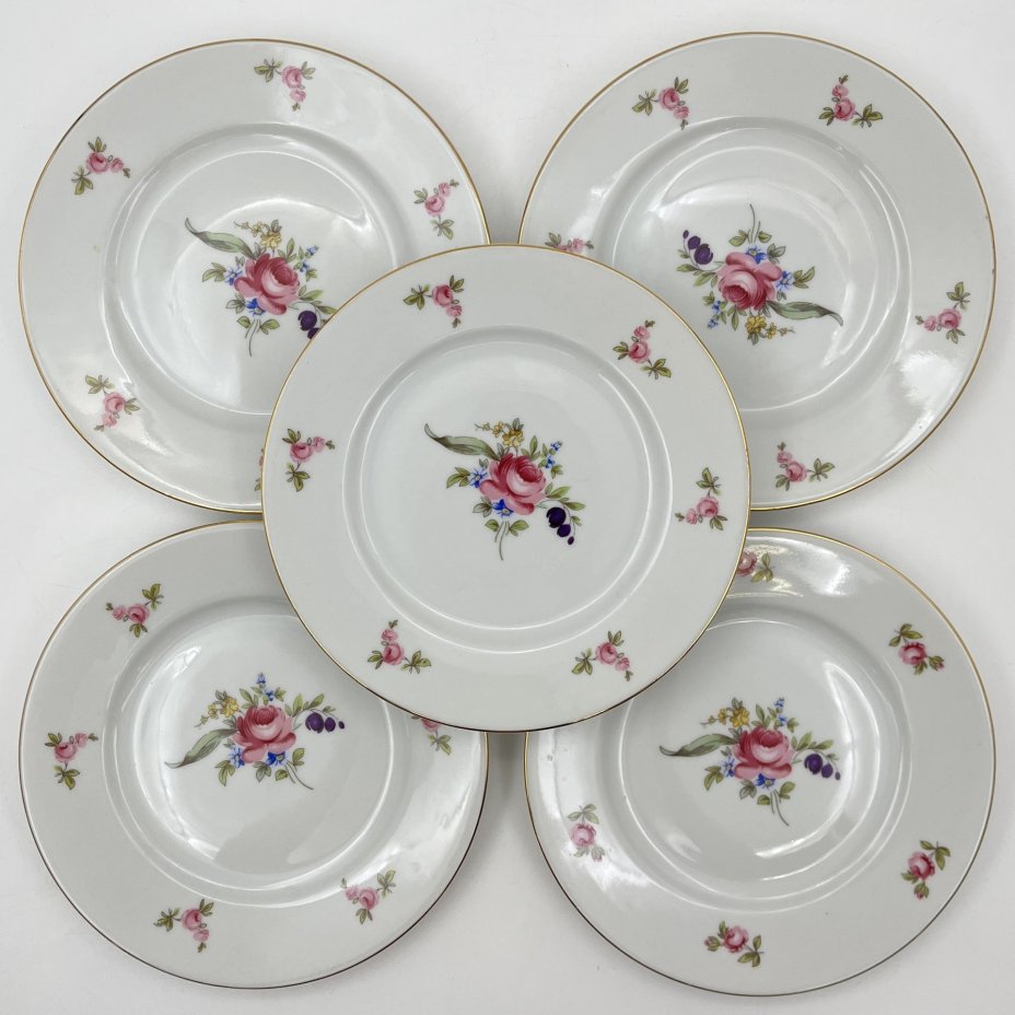 Набор из пяти пирожковых тарелок с цветочным декором, фарфор, деколь, золочение, Bohemia (Neurohlau), Чехословакия, 1970-1990 гг.