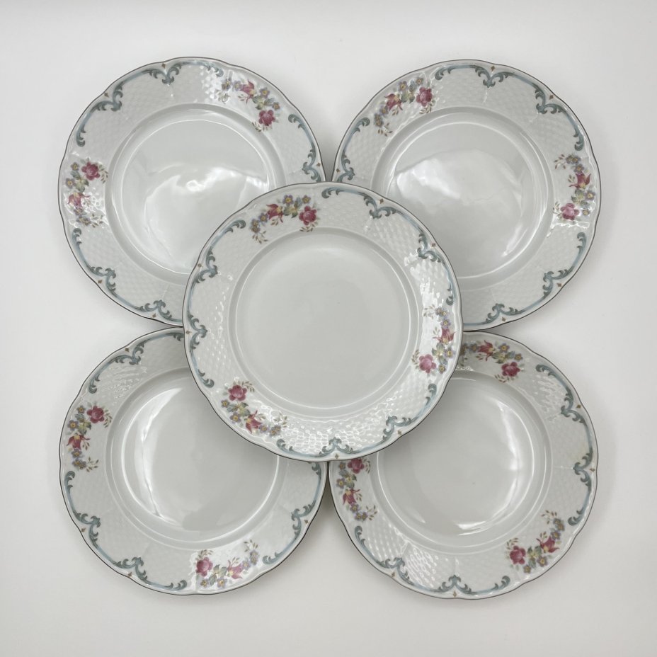Набор десертных тарелок с цветочным декором на 5 персон, фарфор, деколь, Thun (Тун), Чехия, 2000-2020 гг.
