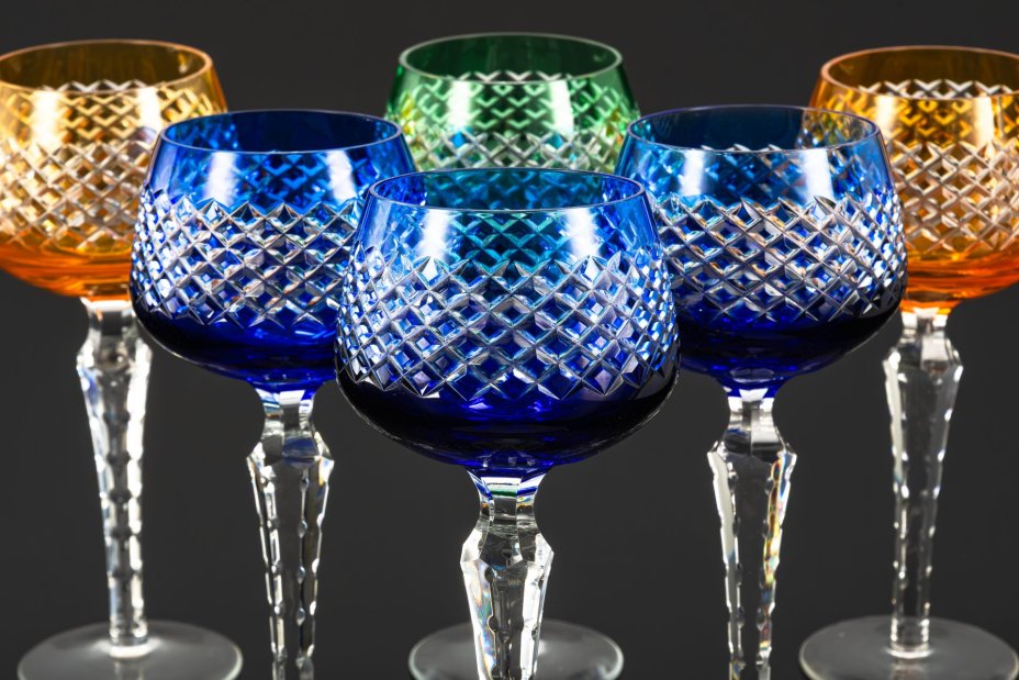 Набор из шести разноцветных бокалов с ромбическим декором (синий, оранжевый и зеленый цвета)
