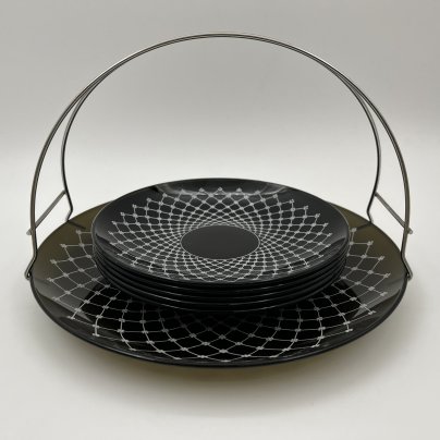 Набор для подачи десерта (вазочка и 5 тарелок) с цветочным декором, стекло, металл, Российская Федерация, 1995-2015 гг.