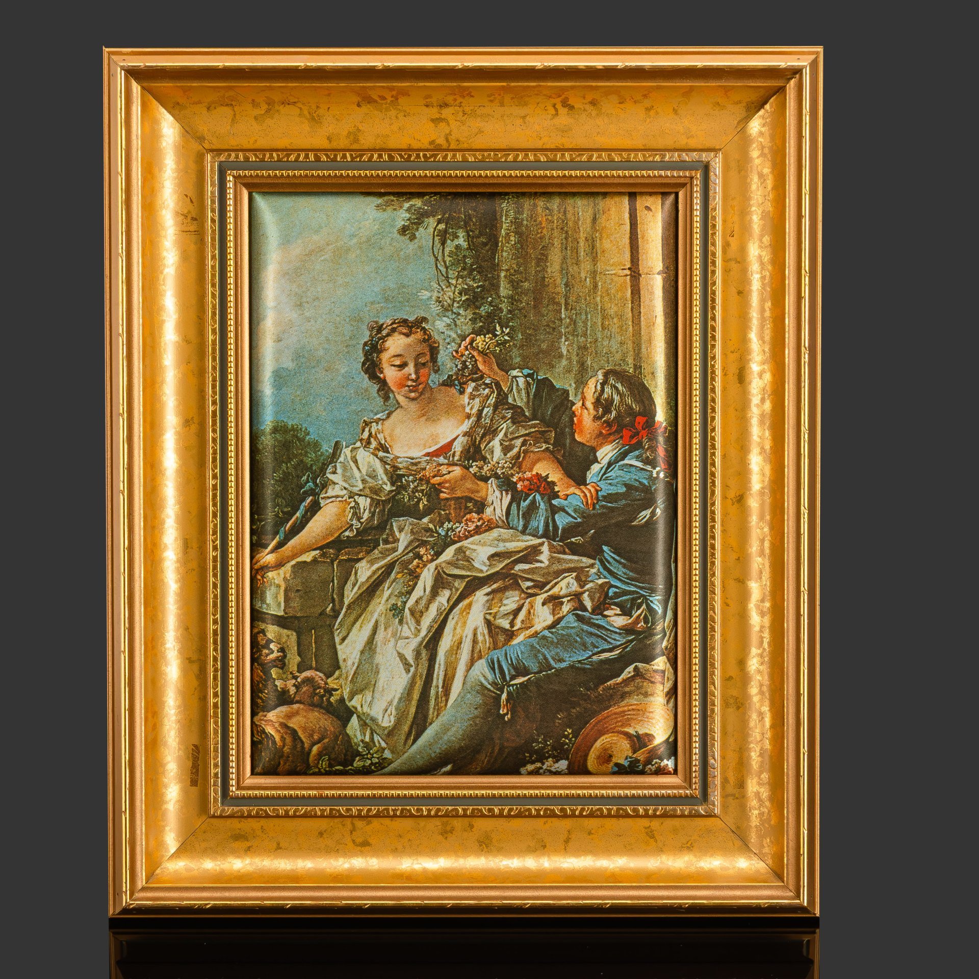 Шелкография с изображением картины Франсуа Буше "Веселый пастух", в раме, дерево, шелк, печать, Россия, 1970-2000 гг.