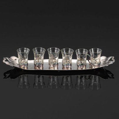 Набор для подачи спиртных напитков в стиле модерн (рюмки в металлической оплетке на 6 персон на подносе), металл, серебрение, стекло, гравировка, Christofle, Франция, 1900-1920 гг.