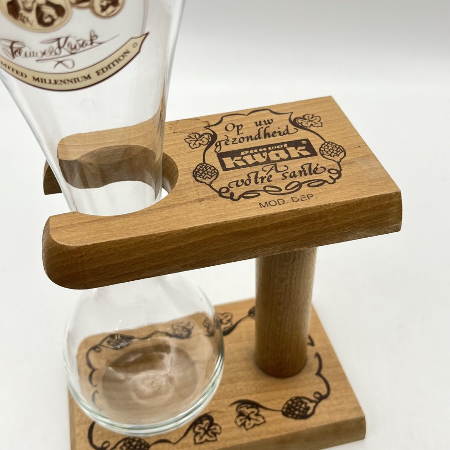 Бокал для пива (для Квака (Kwak)) уникальной формы с ручкой выполненной из дерева. Юбилейный., стекло, дерево, деколь, Бельгия, 2000 г.